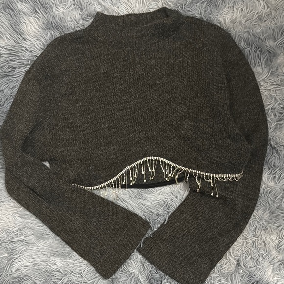 Zara Gray Cowl Neck Sweater with Fringe Detail - Picture 2 of 7